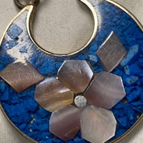 Genuine Lapis & mother of  Signed Alpoco Mexico Silver Mosaic  Flower Earrings - Picture 11 of 11